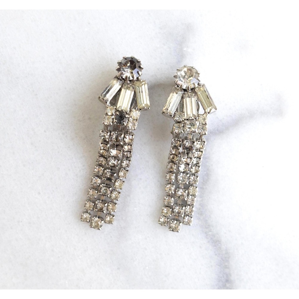 Mid-Century Rhinestone Fringe Tassel Earrings Clip-On Backs